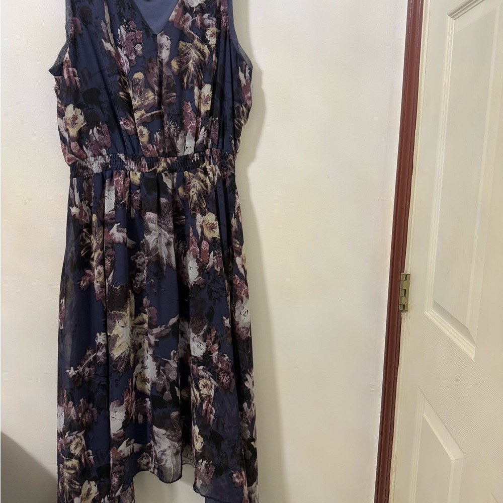 Beautiful georgette w attached lining Floral High Low Dress - Navy and Purple.